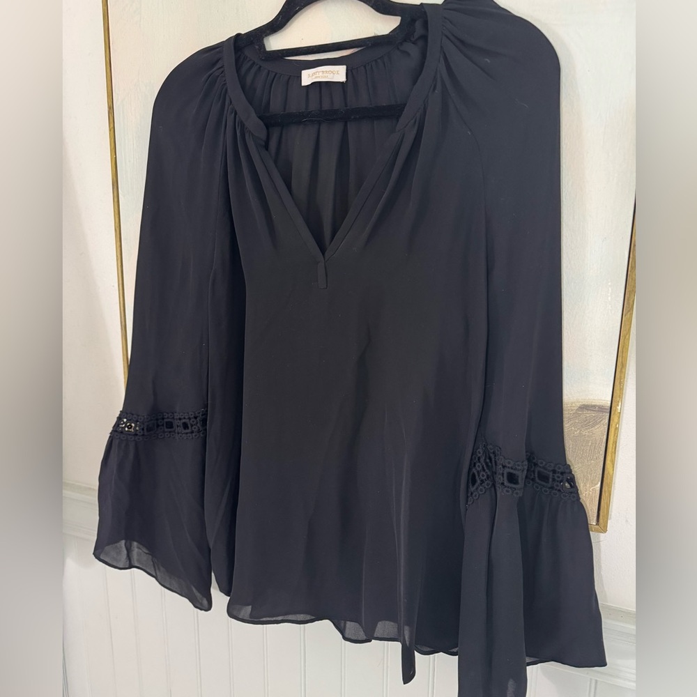 RAMY BROOK Embroidered Split Neck Blouse Black Silk Flowy Sleeve Size Sm